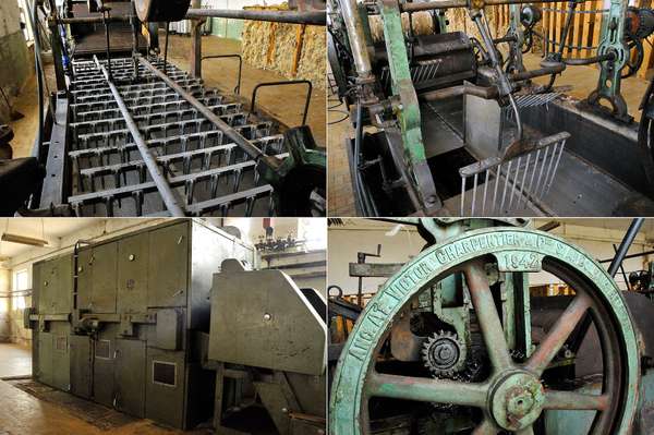 From top to bottom and from right to left, the soaking tray, one of the washing bins, the drying block and the engraved training wheel “Ateliers Victor Charpentier S.A. à Dolhain Belgique, 1942”.